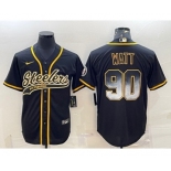 Men's Pittsburgh Steelers #90 TJ Watt Black Gold With Patch Smoke Cool Base Stitched Baseball Jersey