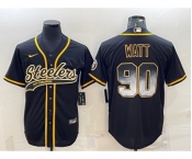 Men's Pittsburgh Steelers #90 TJ Watt Black Gold With Patch Smoke Cool Base Stitched Baseball Jersey