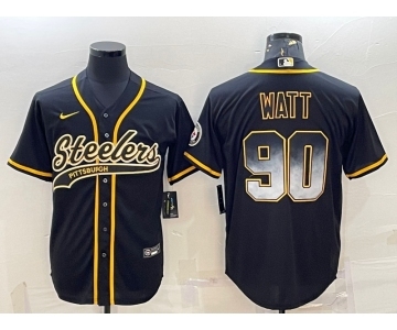 Men's Pittsburgh Steelers #90 TJ Watt Black Gold With Patch Smoke Cool Base Stitched Baseball Jersey