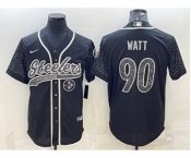 Men's Pittsburgh Steelers #90 TJ Watt Black Reflective With Patch Cool Base Stitched Baseball Jersey