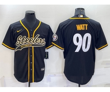 Men's Pittsburgh Steelers #90 TJ Watt Black With Patch Cool Base Stitched Baseball Jersey