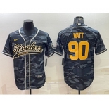 Men's Pittsburgh Steelers #90 TJ Watt Grey Navy Camo With Patch Cool Base Stitched Baseball Jersey