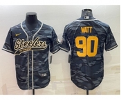 Men's Pittsburgh Steelers #90 TJ Watt Grey Navy Camo With Patch Cool Base Stitched Baseball Jersey