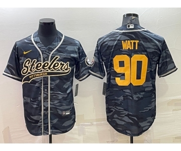 Men's Pittsburgh Steelers #90 TJ Watt Grey Navy Camo With Patch Cool Base Stitched Baseball Jersey