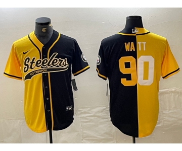 Men's Pittsburgh Steelers #90 TJ Watt Yellow Black Split With Patch Cool Base Stitched Baseball Jersey