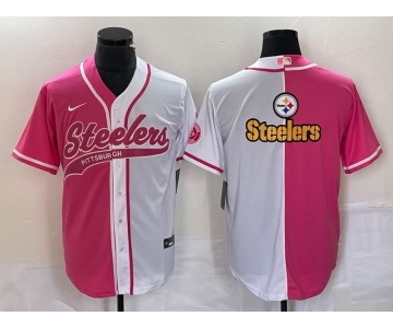 Men's Pittsburgh Steelers Big Logo Pink White Two Tone With Patch Cool Base Stitched Baseball Jersey