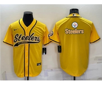 Men's Pittsburgh Steelers Gold Team Big Logo With Patch Cool Base Stitched Baseball Jersey