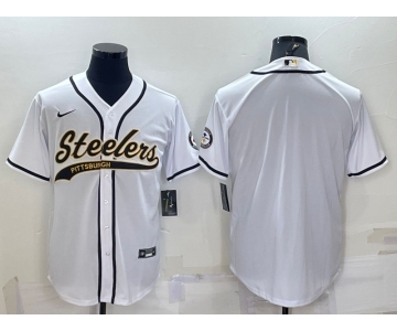 Men's Pittsburgh Steelers White Team Big Logo With Patch Cool Base Stitched Baseball Jersey