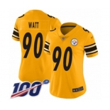 Women's Pittsburgh Steelers #90 T. J. Watt Limited Gold Inverted Legend 100th Season Football Jersey