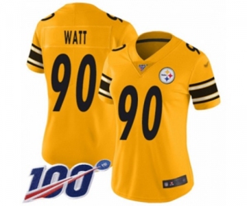 Women's Pittsburgh Steelers #90 T. J. Watt Limited Gold Inverted Legend 100th Season Football Jersey