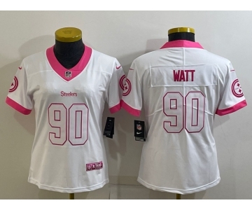 Women's Pittsburgh Steelers #90 TJ Watt White Pink Vapor Untouchaable Limited Stitched Jersey