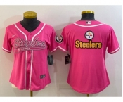 Women's Pittsburgh Steelers Pink Team Big Logo With Patch Cool Base Stitched Baseball Jersey