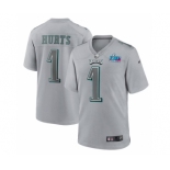 Men's Philadelphia Eagles #1 Jalen Hurts Gray Super Bowl LVII Patch Atmosphere Fashion Stitched Game Jersey