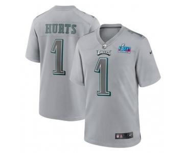 Men's Philadelphia Eagles #1 Jalen Hurts Gray Super Bowl LVII Patch Atmosphere Fashion Stitched Game Jersey