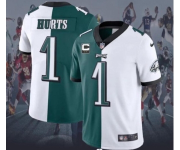 Men's Philadelphia Eagles  #1 Jalen Hurts 2-star C Patch Green V White Peace Split Vapor Untouchable Limited Stitched NFL Jersey