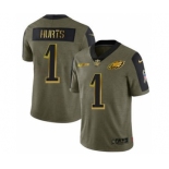 Men's Philadelphia Eagles #1 Jalen Hurts 2021 Olive Camo Salute To Service Golden Limited Stitched Football Jersey