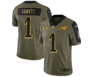 Men's Philadelphia Eagles #1 Jalen Hurts 2021 Olive Camo Salute To Service Golden Limited Stitched Football Jersey