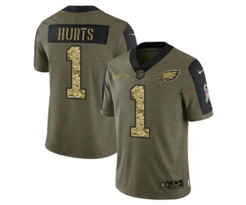 Men's Philadelphia Eagles #1 Jalen Hurts 2021 Olive Camo Salute To Service Limited Stitched Football Jersey