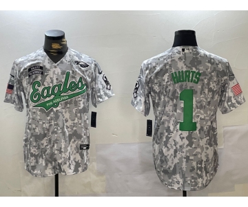 Men's Philadelphia Eagles #1 Jalen Hurts Arctic Camo 2024 Salute to Service Stitched Baseball Jersey