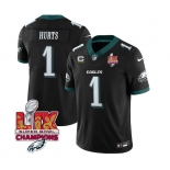 Men's Philadelphia Eagles #1 Jalen Hurts Black 2025 Eagles Logo Super Bowl LIX Patch New F.U.S.E. Vapor Untouchable Limited Football Stitched Jersey