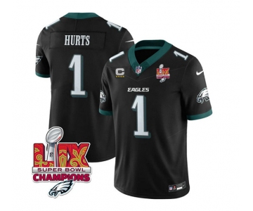 Men's Philadelphia Eagles #1 Jalen Hurts Black 2025 Eagles Logo Super Bowl LIX Patch New F.U.S.E. Vapor Untouchable Limited Football Stitched Jersey