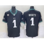 Men's Philadelphia Eagles #1 Jalen Hurts Black C Patch 2023 FUSE Vapor Untouchable Stitched Jersey