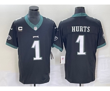 Men's Philadelphia Eagles #1 Jalen Hurts Black C Patch 2023 FUSE Vapor Untouchable Stitched Jersey