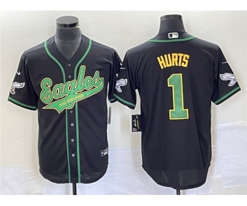 Men's Philadelphia Eagles #1 Jalen Hurts Black Cool Base Stitched Baseball Jersey