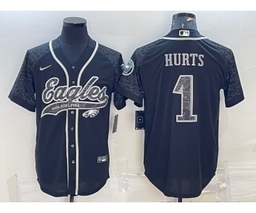 Men's Philadelphia Eagles #1 Jalen Hurts Black Reflective With Patch Cool Base Stitched Baseball Jersey