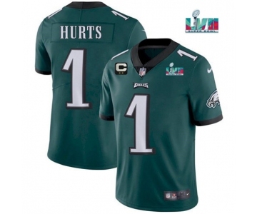 Men's Philadelphia Eagles #1 Jalen Hurts Green Super Bowl LVII Patch And 2-star C Patch Vapor Untouchable Limited Stitched Jersey