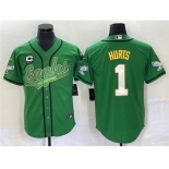 Men's Philadelphia Eagles #1 Jalen Hurts Green With C Patch Cool Base Stitched Baseball Jersey