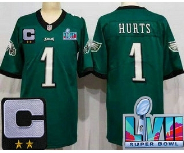 Men's Philadelphia Eagles #1 Jalen Hurts Limited Green C Patch Super Bowl LVII Vapor Jersey