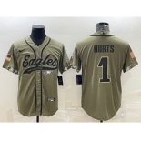 Men's Philadelphia Eagles #1 Jalen Hurts Olive 2022 Salute To Service Cool Base Stitched Baseball Jersey