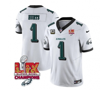 Men's Philadelphia Eagles #1 Jalen Hurts White 2025 Eagles Logo Super Bowl LIX Patch New F.U.S.E. Vapor Untouchable Limited Football Stitched Jersey