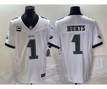 Men's Philadelphia Eagles #1 Jalen Hurts White C Patch 2023 FUSE Vapor Stitched Jersey