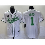 Men's Philadelphia Eagles #1 Jalen Hurts White C Patch Cool Base Stitched Baseball Jersey