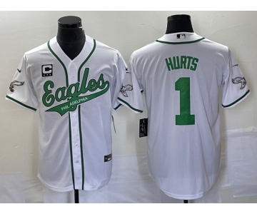 Men's Philadelphia Eagles #1 Jalen Hurts White C Patch Cool Base Stitched Baseball Jersey