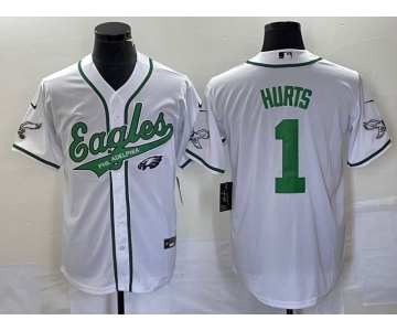 Men's Philadelphia Eagles #1 Jalen Hurts White Cool Base Stitched Baseball Jersey