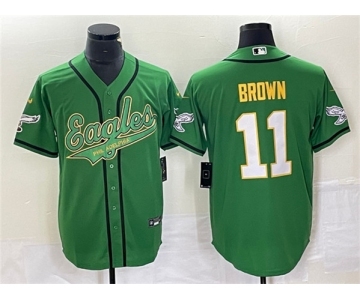 Men's Philadelphia Eagles #11 A. J. Brown Green Gold Cool Base Baseball Stitched Jersey