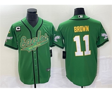 Men's Philadelphia Eagles #11 A. J. Brown Green Gold With C Patch Cool Base Baseball Stitched Jersey