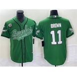 Men's Philadelphia Eagles #11 A. J. Brown Green With C Patch Cool Base Baseball Stitched Jersey