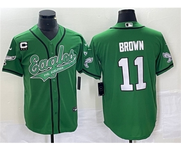 Men's Philadelphia Eagles #11 A. J. Brown Green With C Patch Cool Base Baseball Stitched Jersey