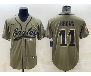 Men's Philadelphia Eagles #11 A. J. Brown Olive 2022 Salute To Service Cool Base Stitched Baseball Jersey