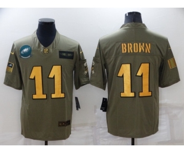 Men's Philadelphia Eagles #11 A. J. Brown Olive Gold Salute To Service Limited Stitched Jersey