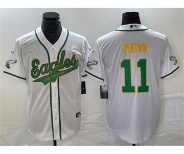 Men's Philadelphia Eagles #11 A. J. Brown White Gold Cool Base Baseball Stitched Jersey