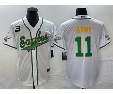 Men's Philadelphia Eagles #11 A. J. Brown White Gold With C Patch Cool Base Baseball Stitched Jersey