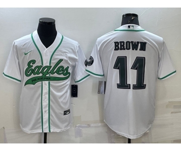 Men's Philadelphia Eagles #11 A. J. Brown White With Patch Cool Base Stitched Baseball Jersey