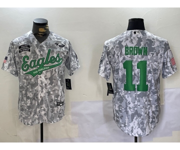 Men's Philadelphia Eagles #11 AJ Brown Arctic Camo 2024 Salute to Service Stitched Baseball Jersey