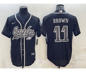 Men's Philadelphia Eagles #11 AJ Brown Black Reflective With Patch Cool Base Stitched Baseball Jersey