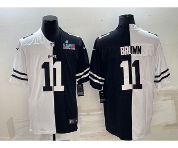 Men's Philadelphia Eagles #11 A.J. Brown Black & White Split Super Bowl LVII Patch Limited Stitched Jersey